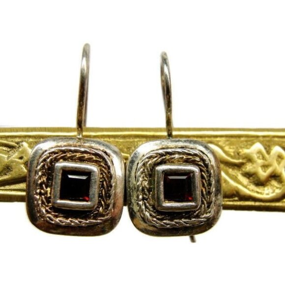 925 Square Amethyst Earrings Hoop Clasp Sterling Silver Vintage Patina - Picture 1 of 6